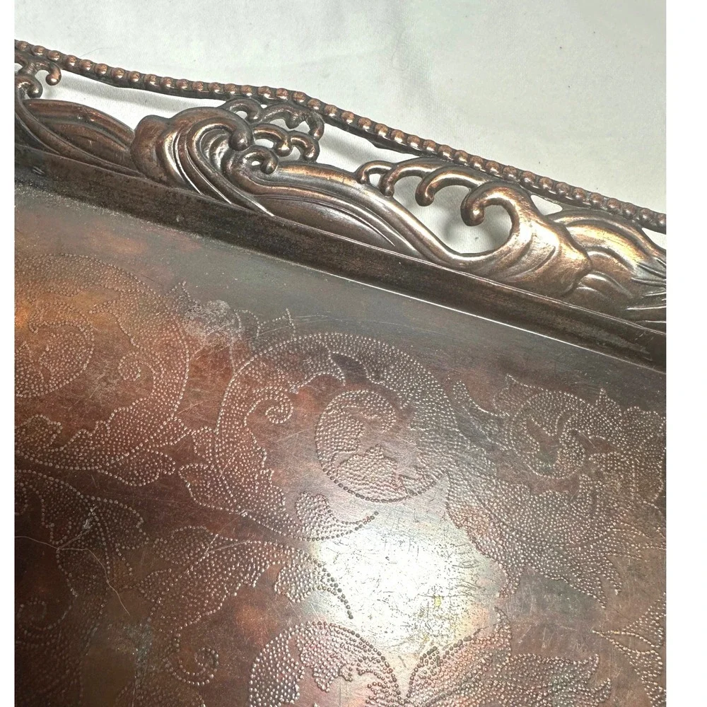 Vintage Dragon Metal Tray Copper Tone Good Ornate Embossed Chinoiserie 9.5in